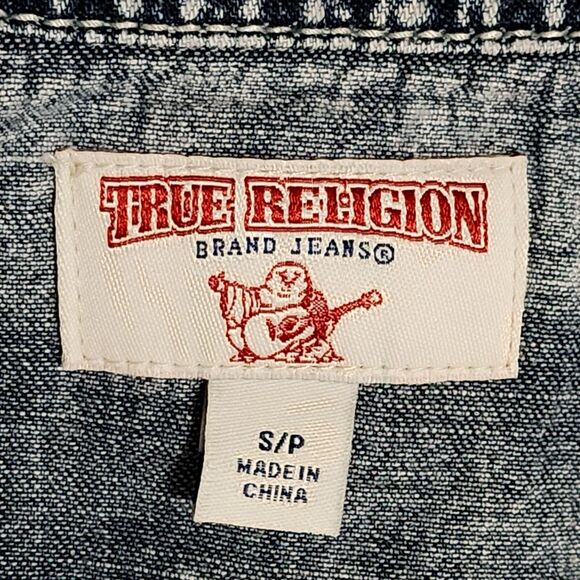 True Religion Mens Western Woven Shirt Short Sleeve Acid Wash Blue Denim Size S - Picture 7 of 12